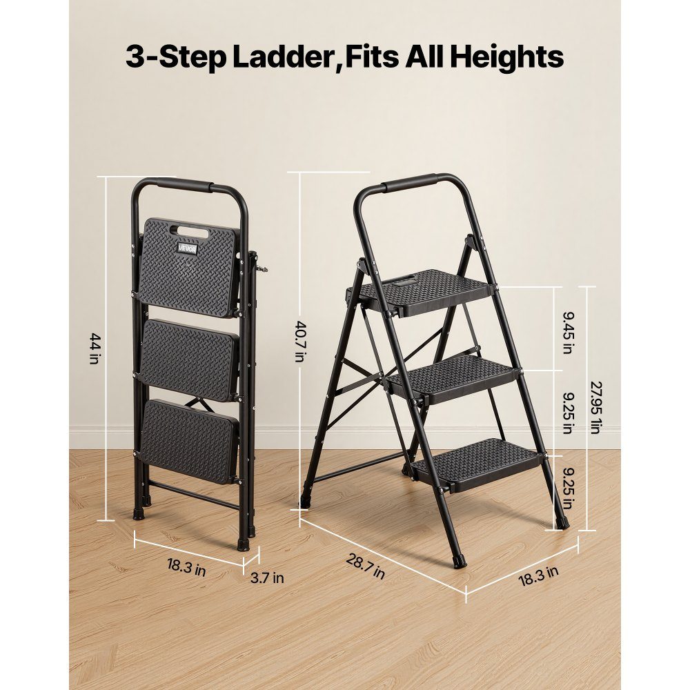 Step Ladder 3 Steps, Folding Ladder with Non-Slip Steps & Comfortable Handle, Household Ladder 272kg Load Capacity, Folding Step, Safety Ladder for Kitchen, Home & Office, Black