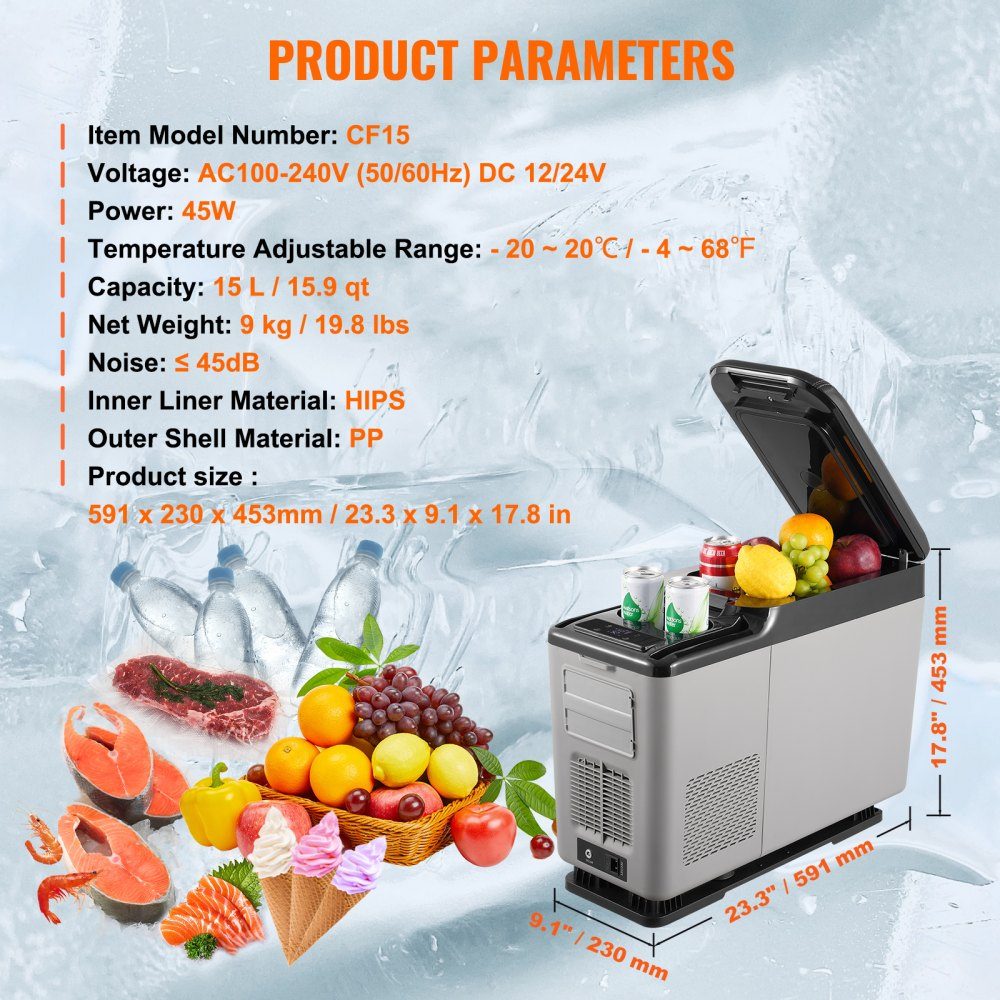 Car Refrigerator, 12V Car Armrest Refrigerator, Portable Single Zone Freezer, 15L, Adjustable Range -20°C to 20°C, 12/24V DC and 100-240V AC, Compressor Cooler for Outdoor Camping