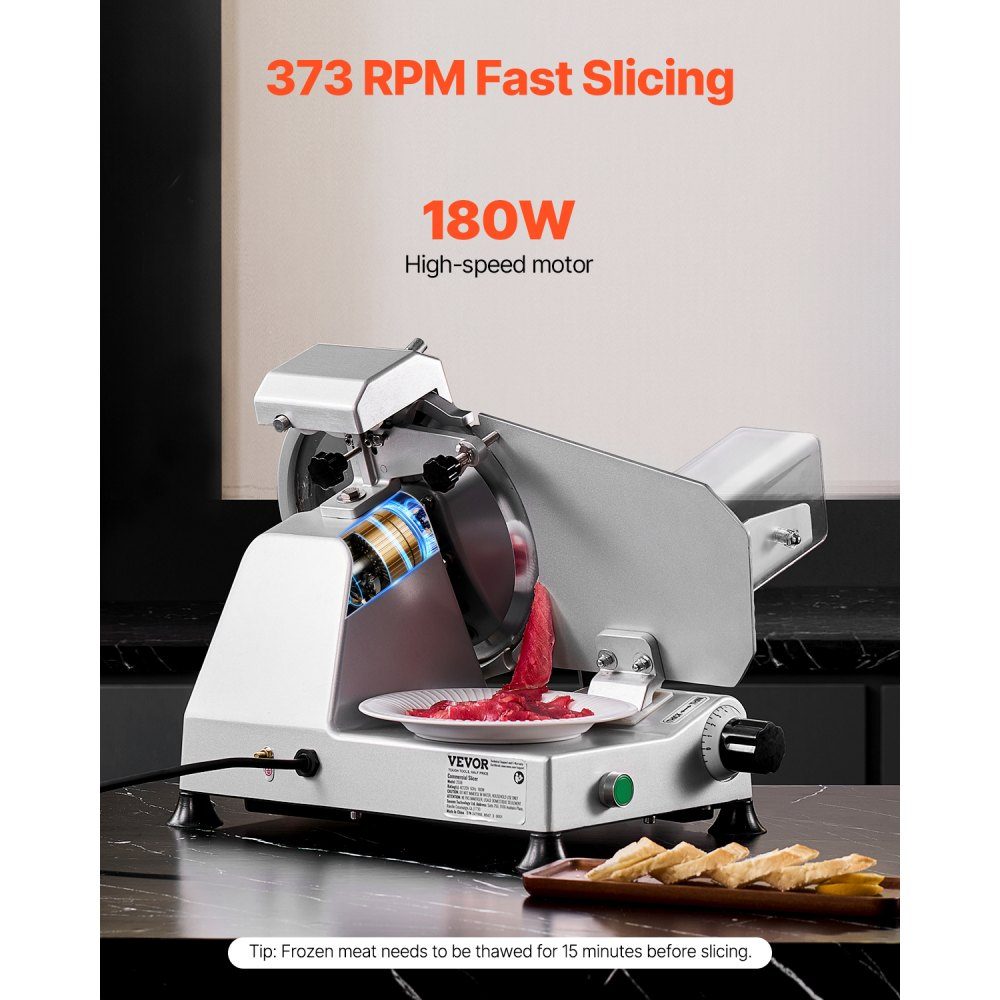 Kommerzieller Fleischschneider, 180 W Gefrierschrank-Fleischschneider mit Premium-Klinge, 0–10 mm einstellbare Dicke, elektrischer Feinkostschneider für Fleisch, Gemüse, Brot, Käse