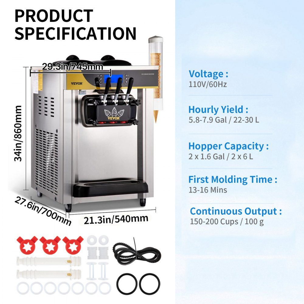 Machine à glace molle commerciale 22-30L/H, machine à glace professionnelle avec écran LCD, 3 saveurs, conception de bureau pour restaurants et entreprises