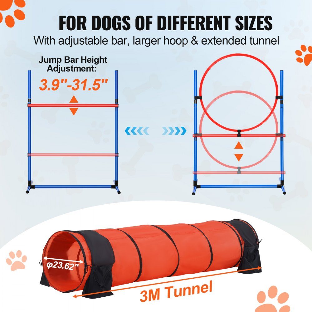 Dog Agility Training Equipment, 5 Piece Upgrade Set with Adjustable High Hurdles, 6 Slalom Poles, Extended Tunnel, Jump Ring, Brake Box, Whistle, Foldable Bowl, Puppy Obstacle Course Set with Storage Bag