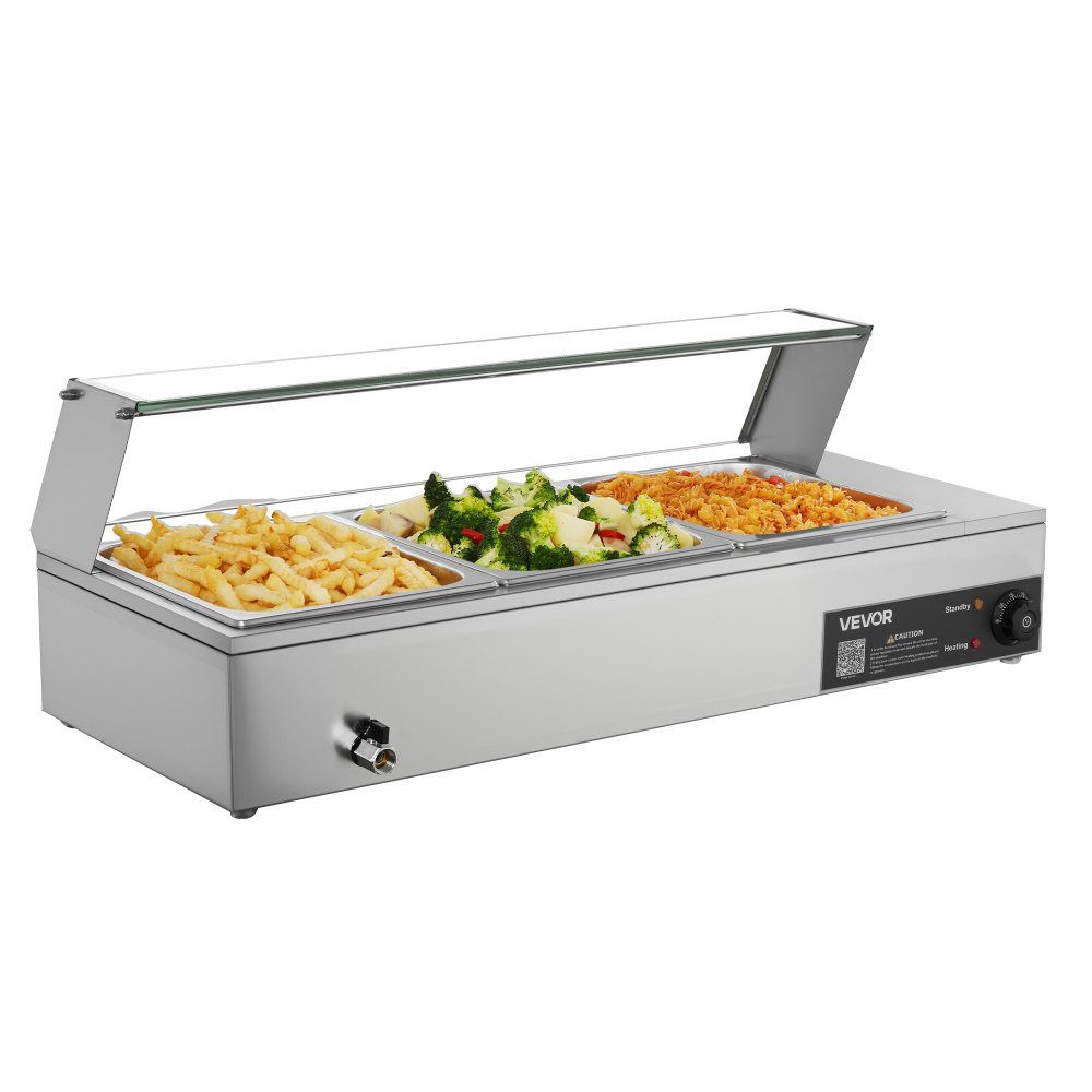 Chauffe-plats professionnel avec couvercle en verre et 3 récipients (taille 1/2) 1,5 kW Réchauffeur de buffet en acier inoxydable, récipient de buffet, bain-marie, station de réchauffement des aliments pour restaurants, fêtes, buffets