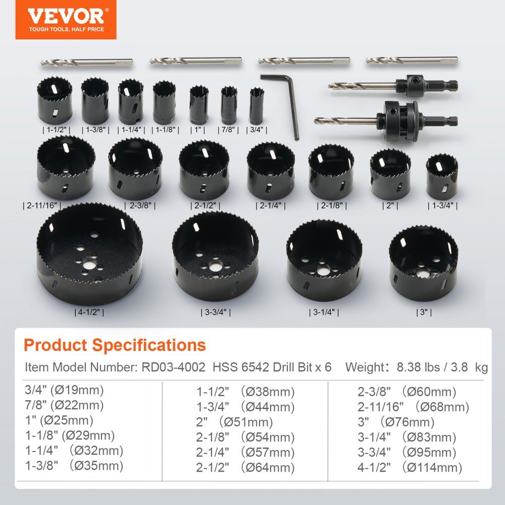 Bimetal hole saw set, 18 pieces. Perforated sheets, 6 hole drills cutting depth 38 mm, bimetal hole saw set, drill accessories, professional hole saws for drilling wood, iron, plastic and PVC etc
