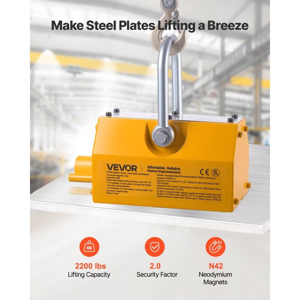 Load lifting magnet permanent magnet lifter 1000 kg pulling force lifting magnet with release handle & steel hook, used in workshop cranes and hoists, for lifting steel plates, boards