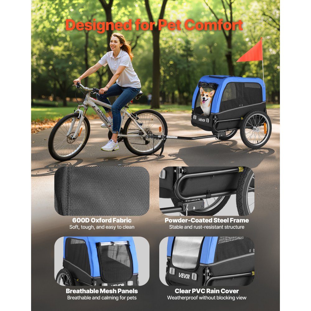 Dog trailer, supports up to 30 kg, bicycle trailer for small and medium dogs, folding frame with quick release wheel, universal bicycle hitch, reflector, flag, internal leash