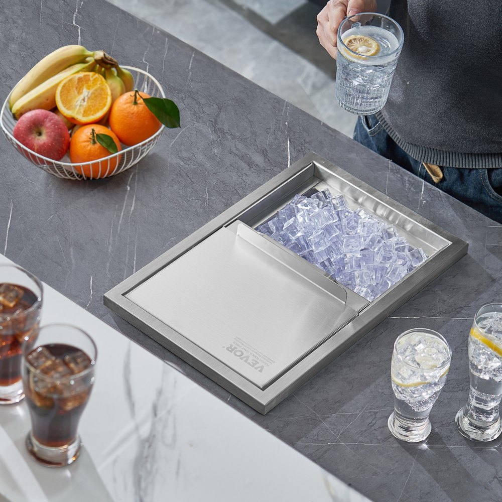 26.7L Drop-in Ice Box, 456 x 304 x 371mm Stainless Steel Ice Cooler, Commercial Ice Container with Sliding Lid, Integrated Ice Storage Box, Drain Pipe and Drain Plug Included 26.7L Drop-in Ice Box, 456 x 304 x 371mm Stainless Steel Ice Cooler, Commercial Ice Container with Sliding Lid, Integrated Ice Storage Box, Drain Pipe and Drain Plug Included