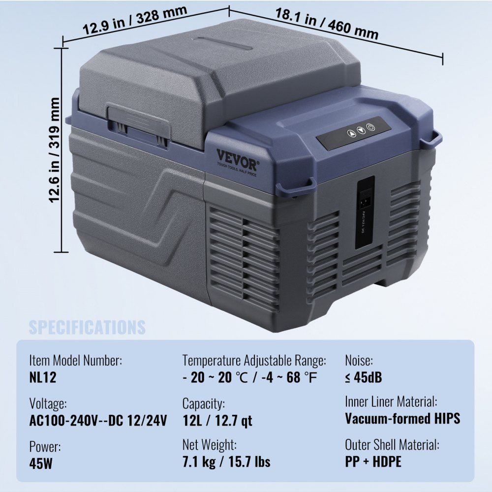 Car Refrigerator, 12V Car Fridge, Portable 12L Single Zone Freezer, Adjustable Range from -4℉ to 68℉, 12/24V DC and 100-240V AC Compressor Cooler for Outdoor, Camping, RV