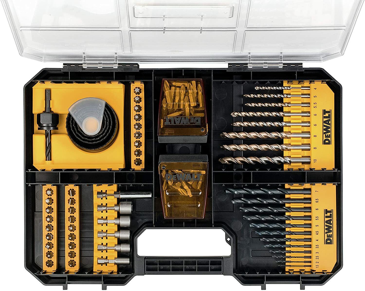 DeWalt Universal-Set/MaxiSet (100-teilig, mit HSS-Metallbohrer, Betonbohrer, Lochsägen, Bits 25 mm, Torx, Phillips, Schlitz, Steckschlüssel und Bithalter, TSTAK kompatibel)