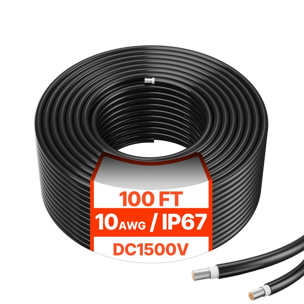 100ft Solar Cable, Solar Panel Cable, 10AWG Solar Extension Cable, IP67 Waterproof PV Cable for Home Solar Panels, -40 to 105℃, Ships and RVs, Black