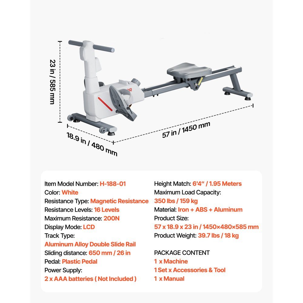 Leises Magnet-Rudergerät, 16 Widerstandsstufen einstellbar, klappbares Rudergerät für zu Hause mit Doppelgleitschienen & LCD-Monitor, Bluetooth-App-kompatibel, 158 kg Tragkraft