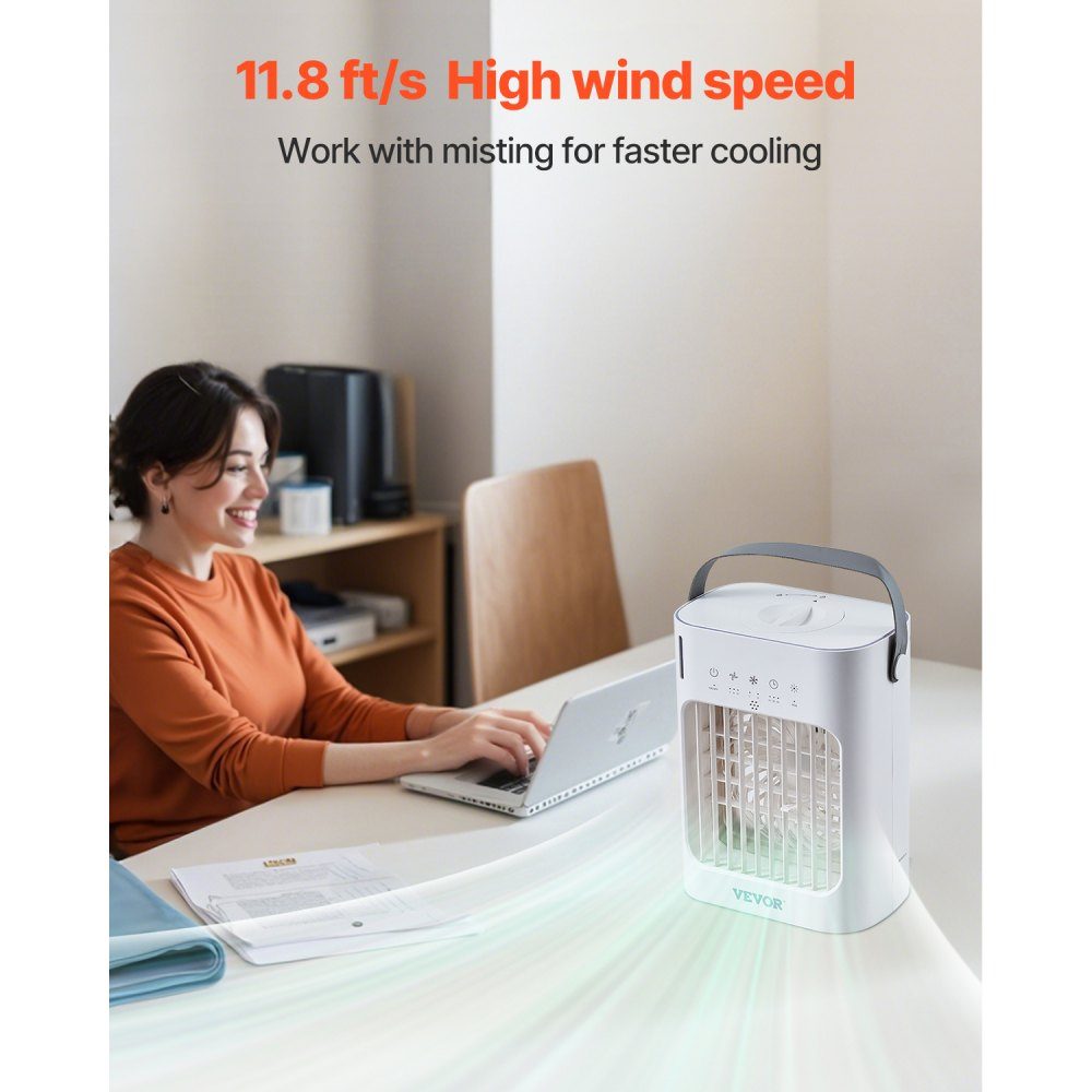 Climatiseur mobile, refroidisseur d'air 4 en 1, mini refroidisseur d'air à 3 vitesses avec minuterie intelligente de 0 à 7 heures, réservoir d'eau de 700 ml, lumière 7 couleurs, mini ventilateur AC personnel pour bureau de chambre à coucher