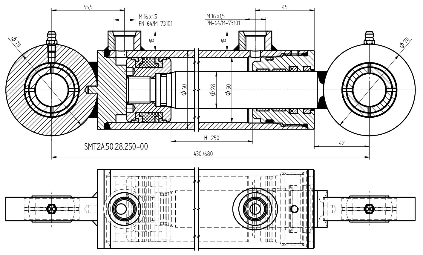 HYDRAULIKZYLINDER 50x28 HÜBE 250 + MONTAGE