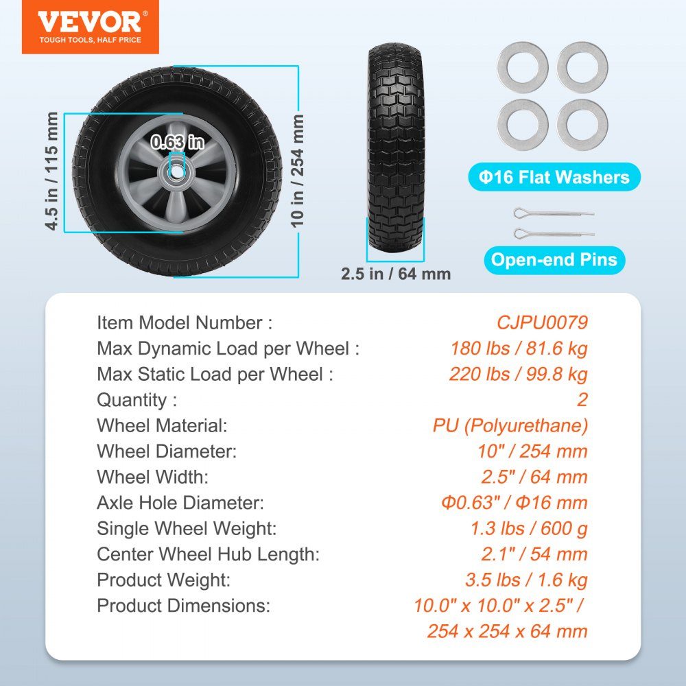 10" Voll-PU-Runflat-Reifen, flacher schlauchloser Reifen, 2er-Pack, 82 kg