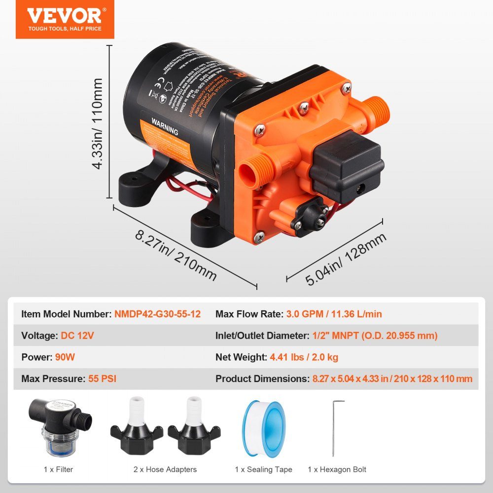 12-V-Membranpumpe, 11,36 l/min, 4-Kammer-Gleichstrom-Wasserpumpe mit automatischem Druckschalter, 40–100 PSI, verstellbar, 55 PSI, 1/2 Zoll MNPT-Anschluss für Wohnmobil, Yacht, Food Truck, Camper, Marine