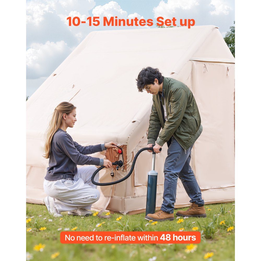 Aufblasbare Zelte für Camping, 3 x 2 x 2 m, 3–5 Personen, 300D Oxford, 4-Jahreszeiten-Glamping-Zelt mit Vordach, Handpumpe, Herdanschluss, 2 Türen und 2 Netzfenstern (Aufbewahrungstasche im Lieferumfang enthalten)