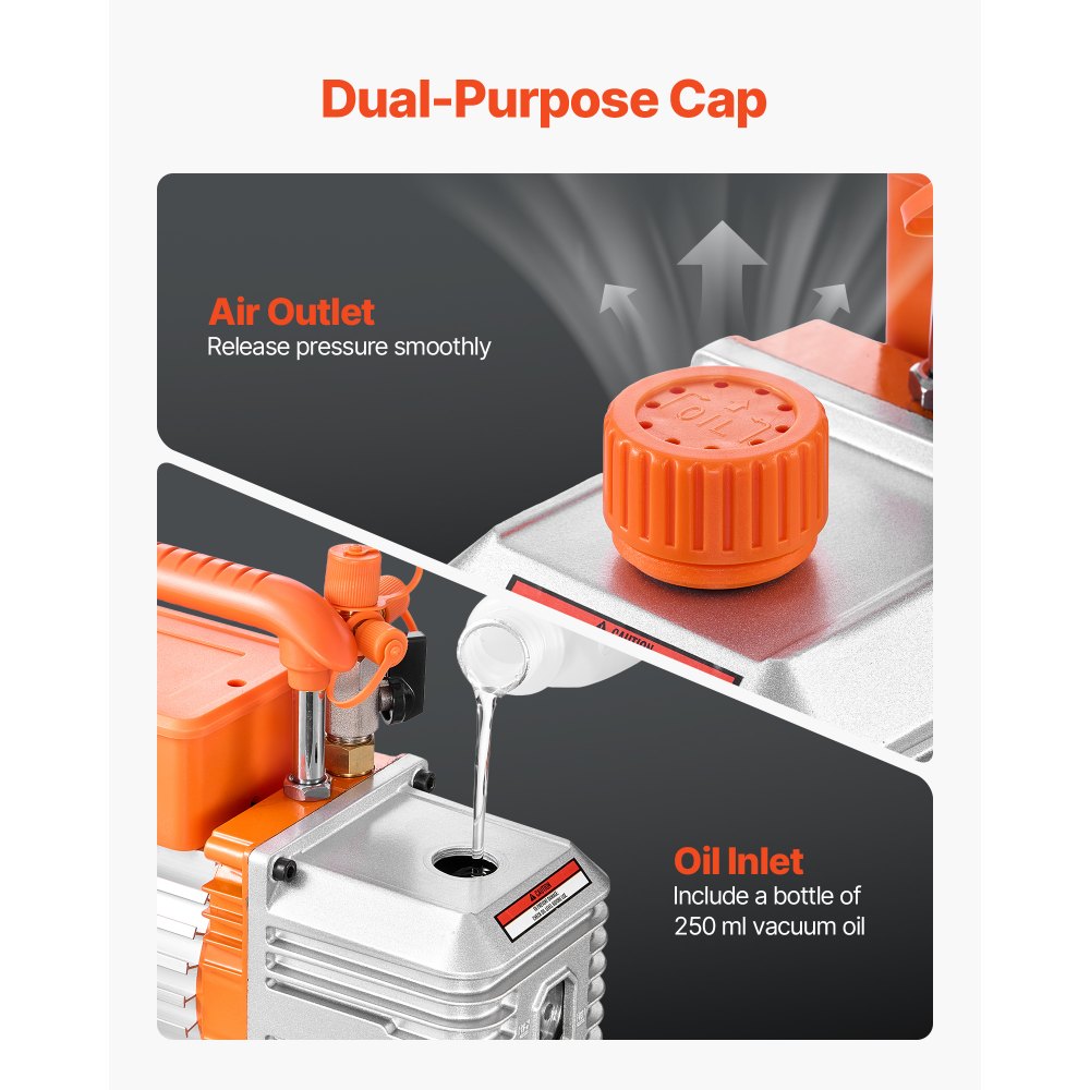 Vacuümpomp, 5 CFM 142 L/min, tweetraps, 375 W, geschikt voor R134a-, R22- en R410a-systemen, 4-polige motor, voor onderhoud van auto-airconditioning en harsontgassing, inclusief olie Vacuümpomp, 5 CFM 142 L/min, tweetraps, 375 W, geschikt voor R134a-, R22- en R410a-systemen, 4-polige motor, voor onderhoud van auto-airconditioning en harsontgassing, inclusief olie