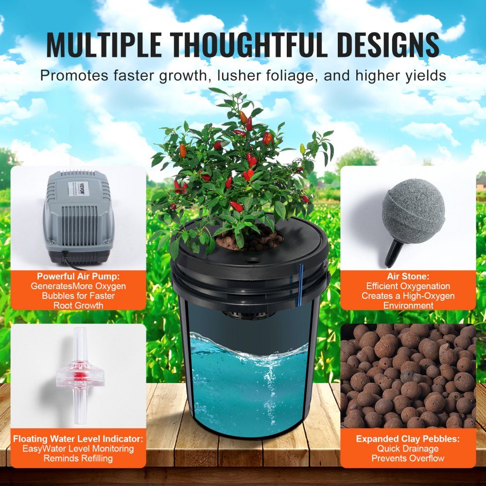 DWC Hydroponics Grow System, Hydroponic Growing System, Deep Water Culture 5-Gallon 8 Bucket, DWC System with Air Pump, Air Stones and Water Level Indicator for Leafy Vegetables