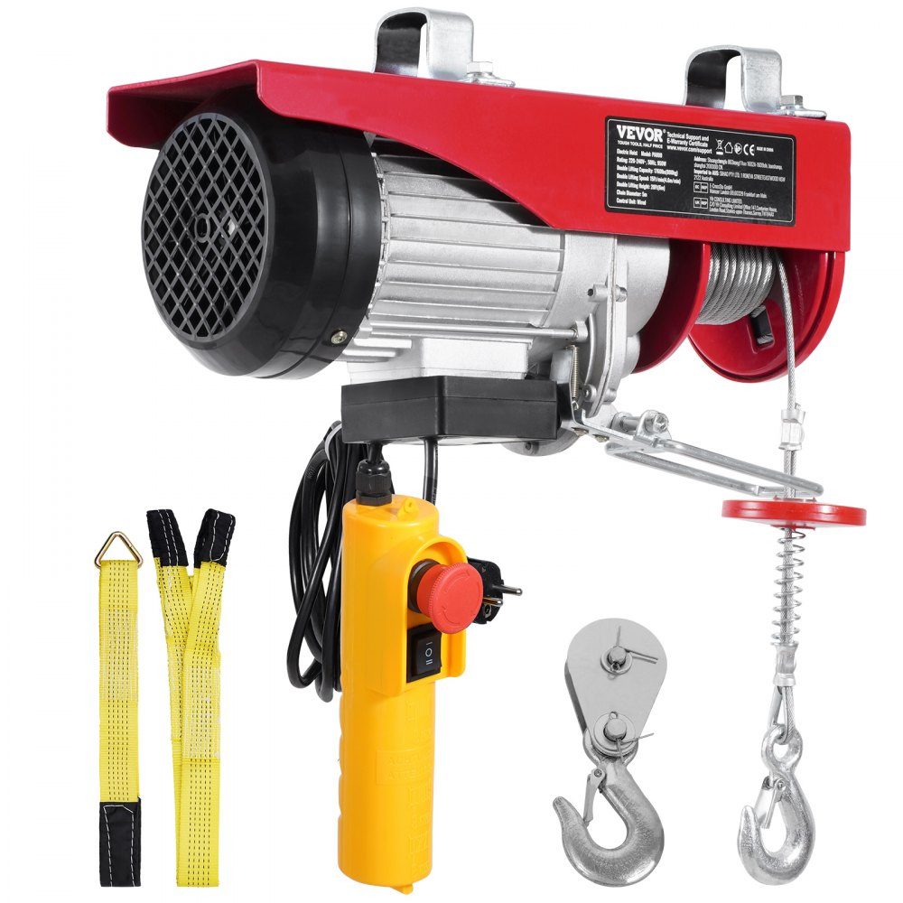 Electric Winch, 800kg Motor Winch with 4.2m Cable Remote Control, 12m Lifting Height with Single Cable, Single/Double Slings, Emergency Stop, Hoist for Garage, Warehouse, Factory