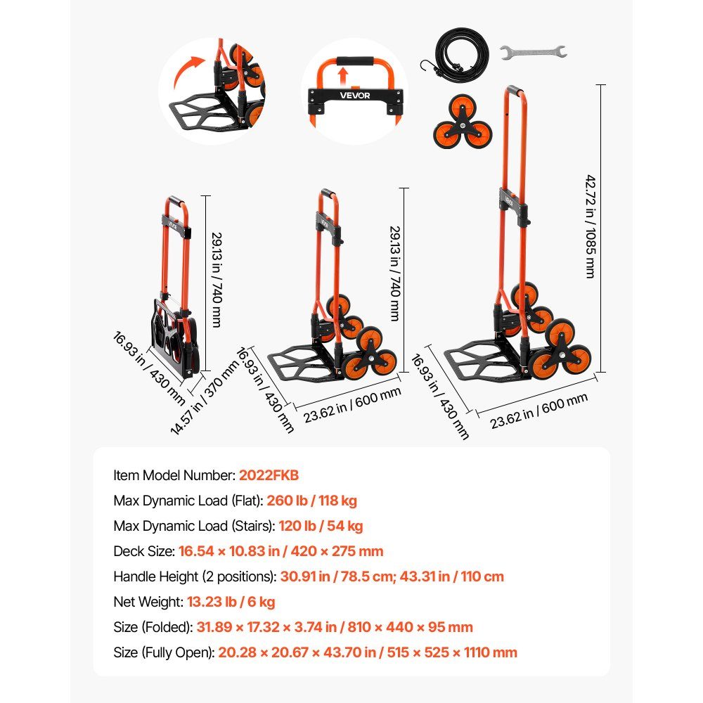 Folding stair hand truck, hand truck 54 kg load capacity, stair climber with telescopic handle, 6 wheels & 2 tension straps, transport trolley, stair trolley, ideal for household, shopping & storage