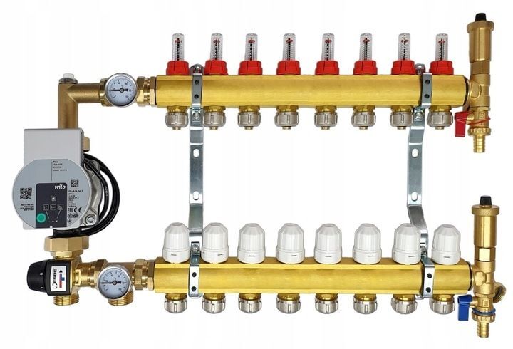 Distributeur de circuit de chauffage Distributeur en laiton pour chauffage au sol à 8 circuits avec mitigeur Esbe et groupe de pompes Wilo Distributeur de circuit de chauffage Distributeur en laiton pour chauffage au sol à 8 circuits avec mitigeur Esbe et groupe de pompes Wilo