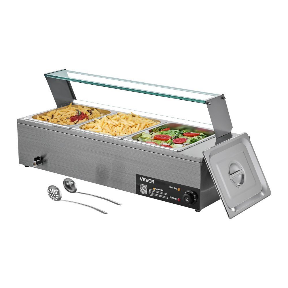 Commercial Food Warmer (3 Size 1/2 Containers), 1.5KW Stainless Steel Electric Warming Container with Glass Cover and Soup Ladle, Chafing Dishes for Catering Restaurant Parties