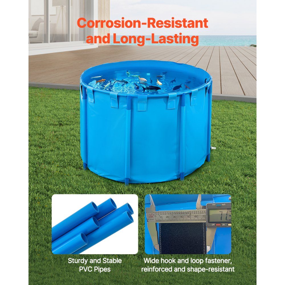 Étang à poissons en PVC d'une capacité de 1 700 L pliable pour aquarium rond avec cadre robuste et valve de vidange pour l'élevage de poissons rouges Koi (bleu)