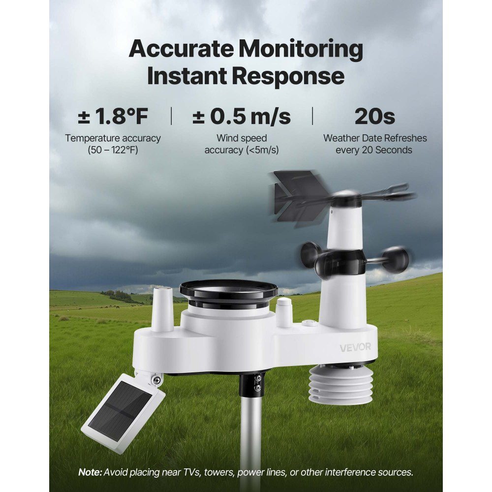 7 in 1 Wireless Weather Station, 7.5" Display, Solar Powered Outdoor Sensor, Rain Gauge, Weather Forecast, Temperature, Humidity Meter, Wind Speed ​​and Direction (No WiFi)