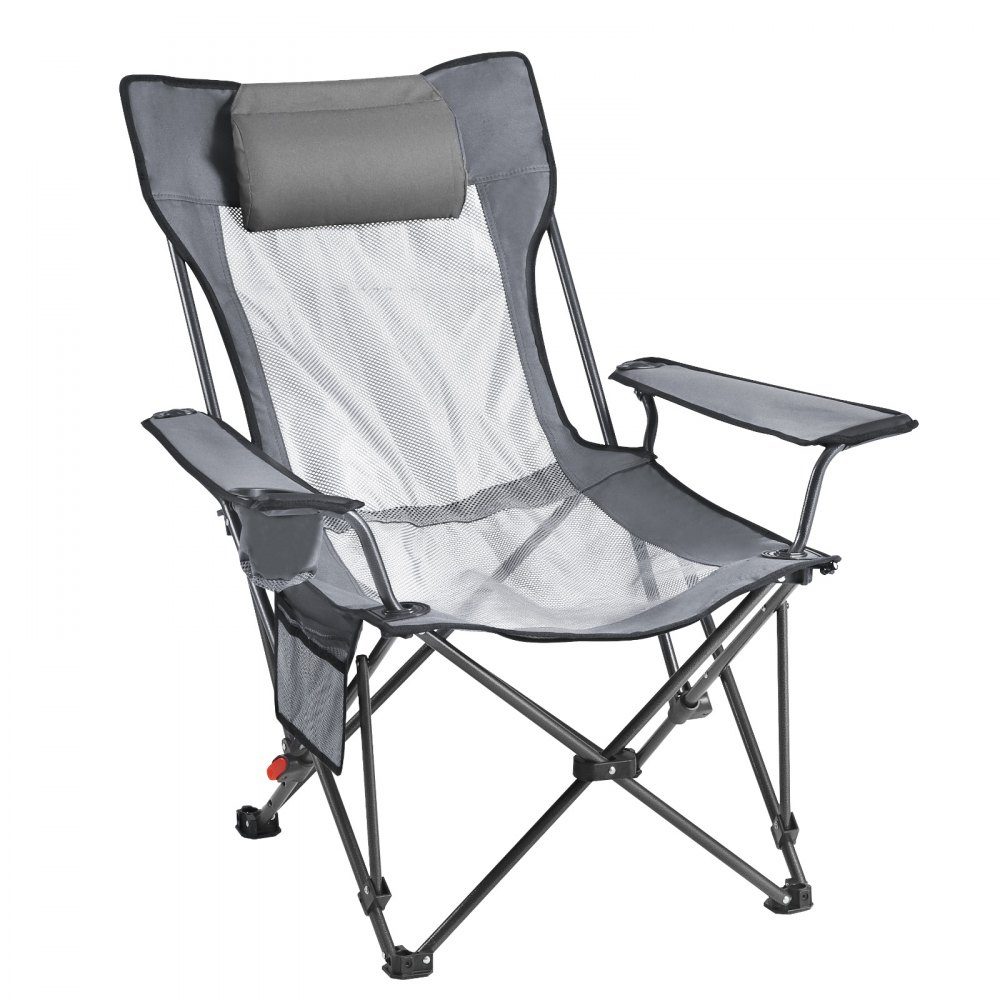 Folding Camping Chair, Deck Chair with 4 Adjustable Positions, Relaxation Chair Lounger with Cup Holder, Mesh Beach Chair with Headrest & Footrest, Load Capacity 100kg, for Outdoor Camping, Gray