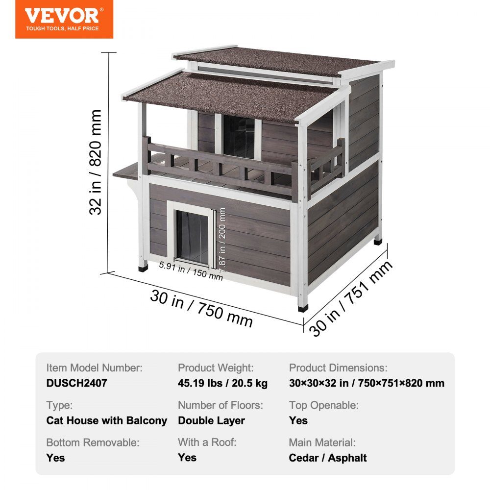 Katzenhaus für den Außenbereich, wetterfest, Unterschlupf für Wildkatzen für mehrere Katzen, großes 2-stöckiges Katzenhaus aus Holz für den Außenbereich mit Balkon, Türen, PVC-Türklappen und offenem Dach, 76,2 cm L x 76,2 cm B x 81,3 cm H