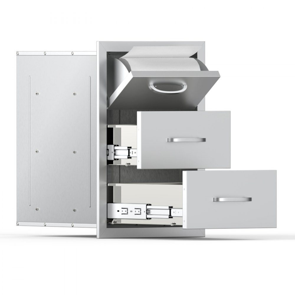 Outdoor Kitchen Drawers, Triple Access Stainless Steel Drawer Cabinet, Grill Island Drawer Storage with Paper Towel Holder and Handle, for Grill Station