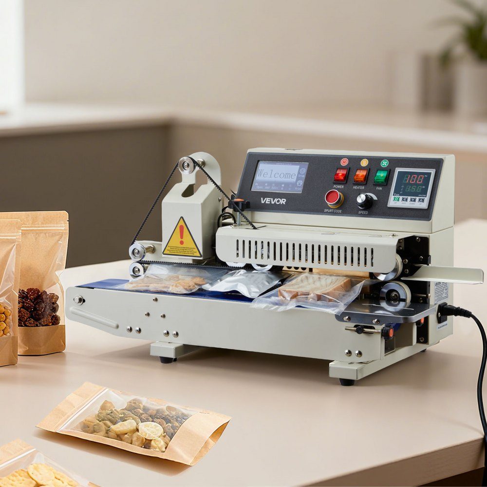 Continuous sealing machine, 6-12mm sealing width, horizontal, with ink printing, sealing machine, temperature and speed adjustable, for 0.03-0.8mm plastic bags