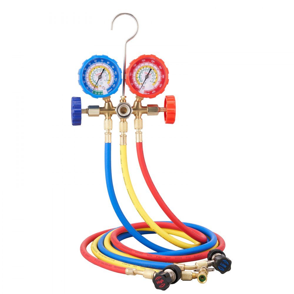 Koudemiddelmanometer 3-weg automotive koelmiddelverdelerset R134A-R22-R12-R502 Ac 4 stuks. 1,52 m vulslangen, koelmiddelmanometer