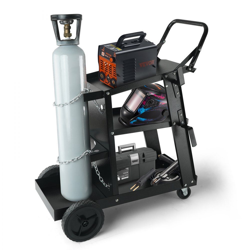 Welding trolley 3 floors Welding mobile max. 168-181 kg. Trolley for welding machines with 2 gas bottle holders. Ideal for manual welding, inert gas welding, argon arc welding