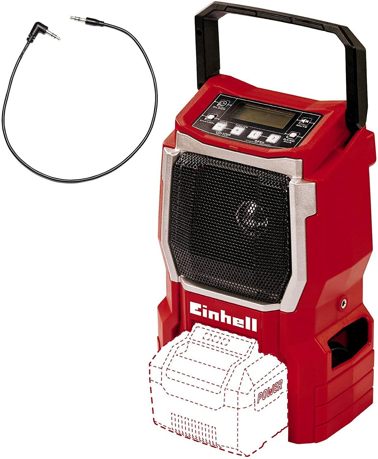 Radio alimentée par batterie Einhell TE-CR 18 Li – Solo (18 V, haut-parleur 90 mm, 10 emplacements mémoire de station, écran LCD, antenne intégrée, connexion AUX, sans batterie ni chargeur)