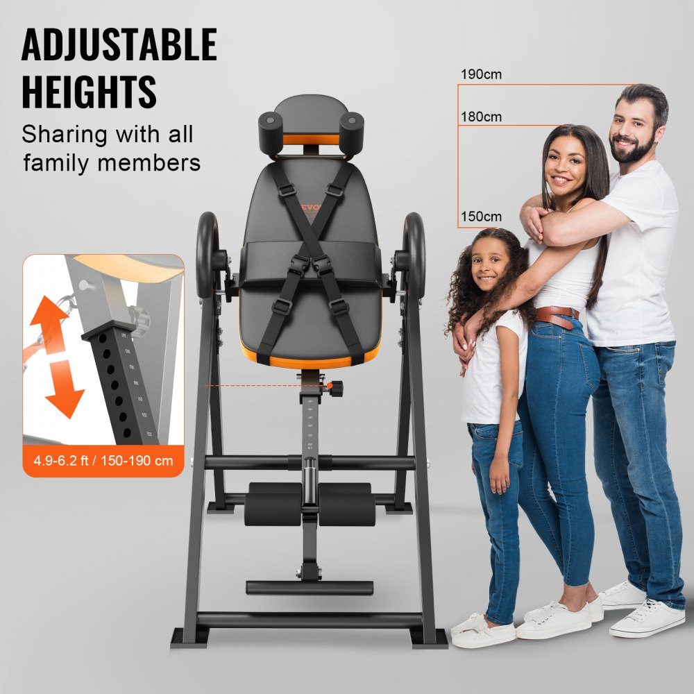 Inversion table, inversion bench, 136 kg load capacity, multifunctional back trainer, foldable strength training device with headrest, ankle lock, adjustable protective belt, orange/black