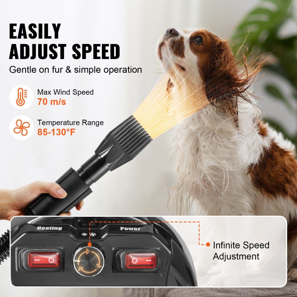 Sèche-poils pour chien, 2000 W, vitesse du vent 70 m/s, sèche-poils pour animaux de compagnie, sèche-cheveux pour toilettage, souffleur à 4 buses avec tuyau élastique, plage de température de 29,4 à 57,2 °C, sèche-poils pour animaux de compagnie