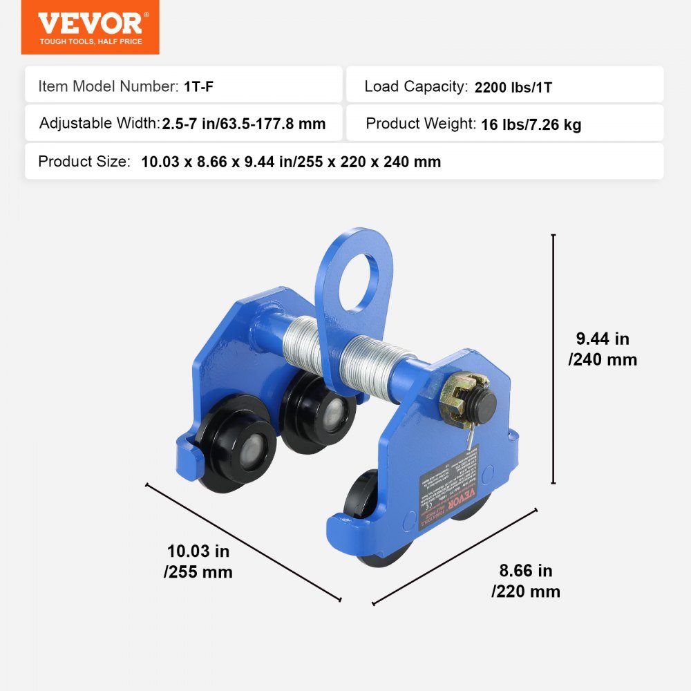 Trolley, 1000 kg load capacity, trolley with double wheels, adjustable for I-beam flange width 63.5 to 177.8 mm. Heavy duty alloy steel garage hoist for straight curved I-beams