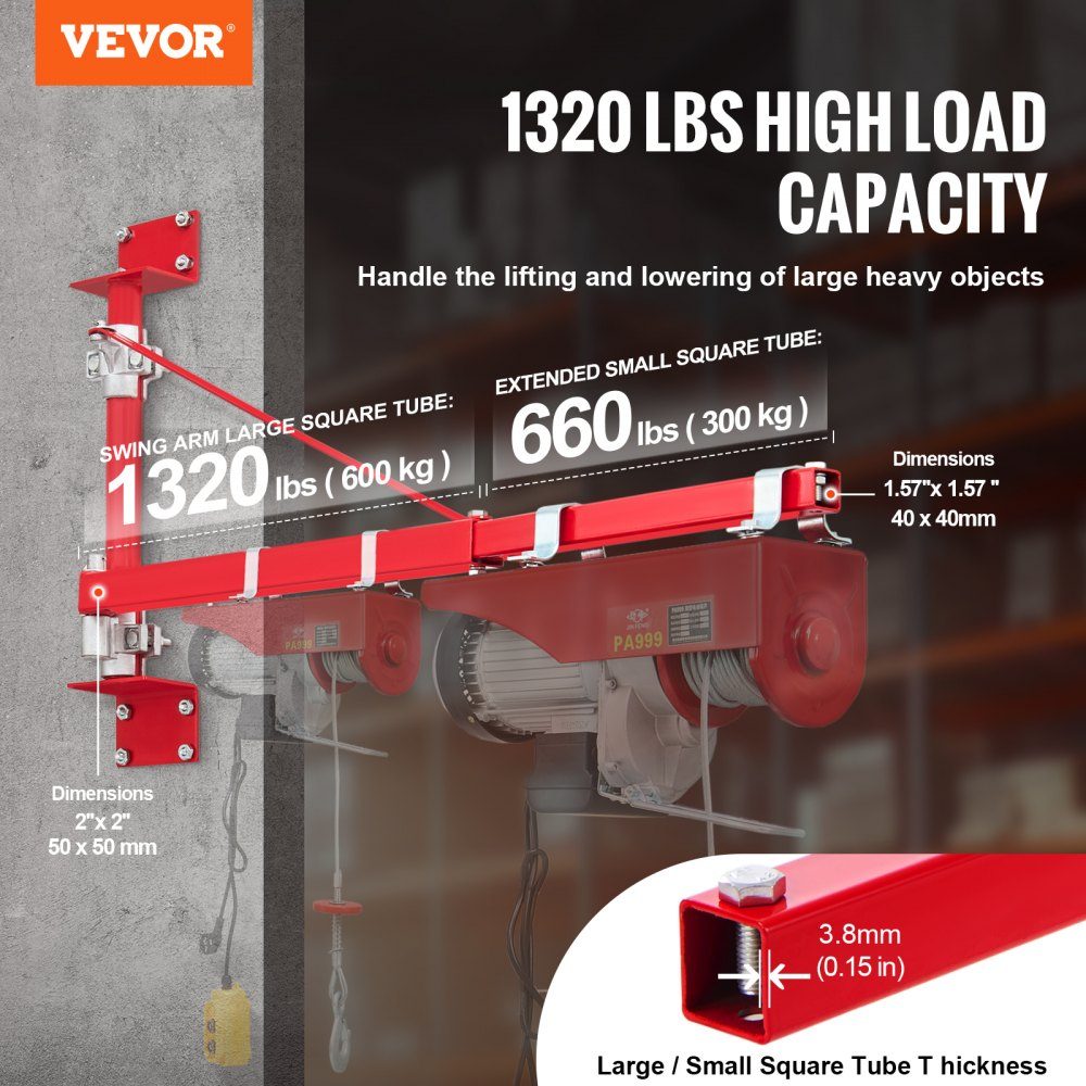 Electric Lift Support Arm 600kg Load Capacity Lift Bracket Swivel Arm with Rod Steel Lift Frame 180° Rotating Scaffolding Lift Arm Winch Lifting Arm for Workshop Garage