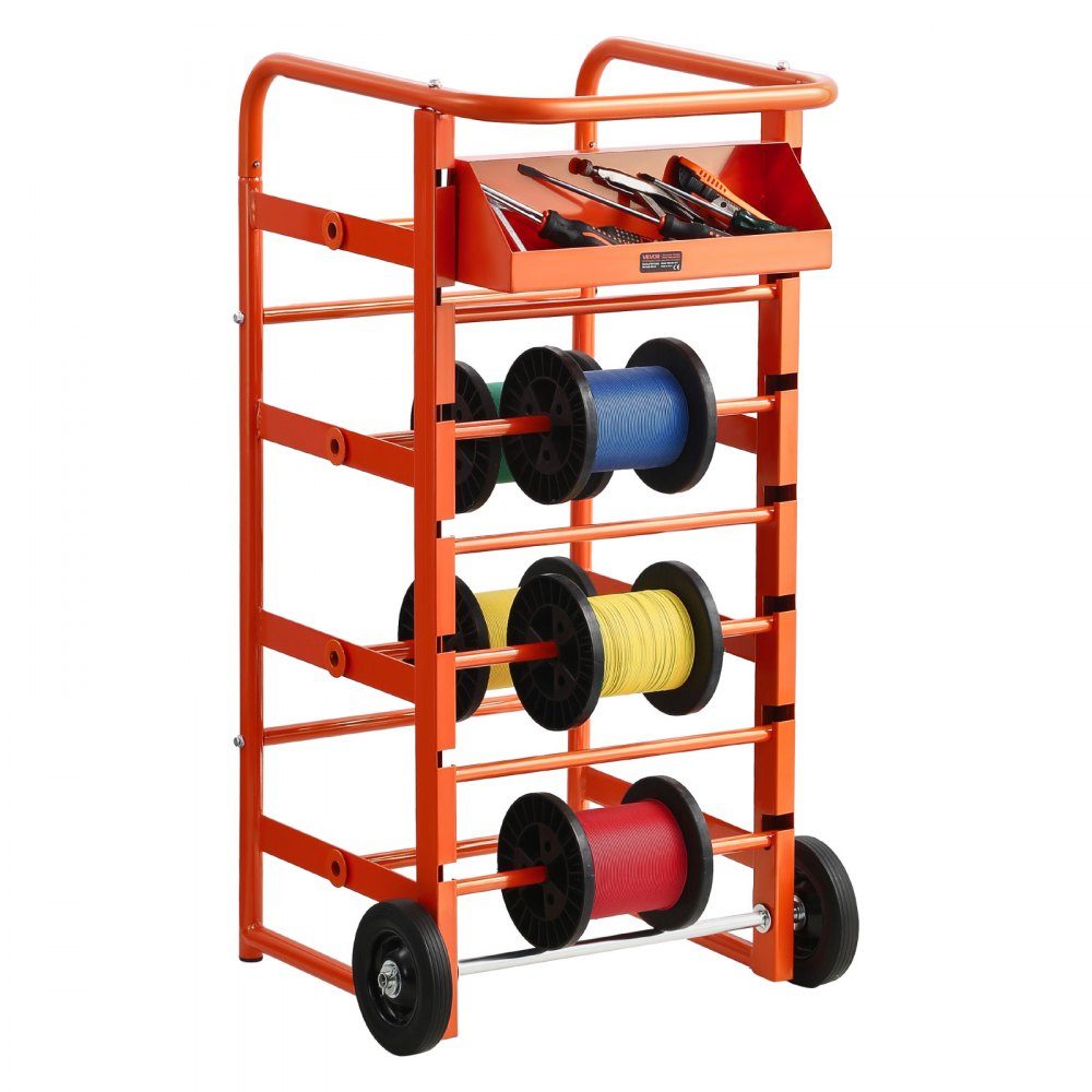 Wire Spool Holder 440 x 385 x 970mm 11 Cross Bars Rolling Cable Spool Dispenser Freestanding Cable Stand with Storage Compartment 136kg Capacity for Electrical Industrial Retail