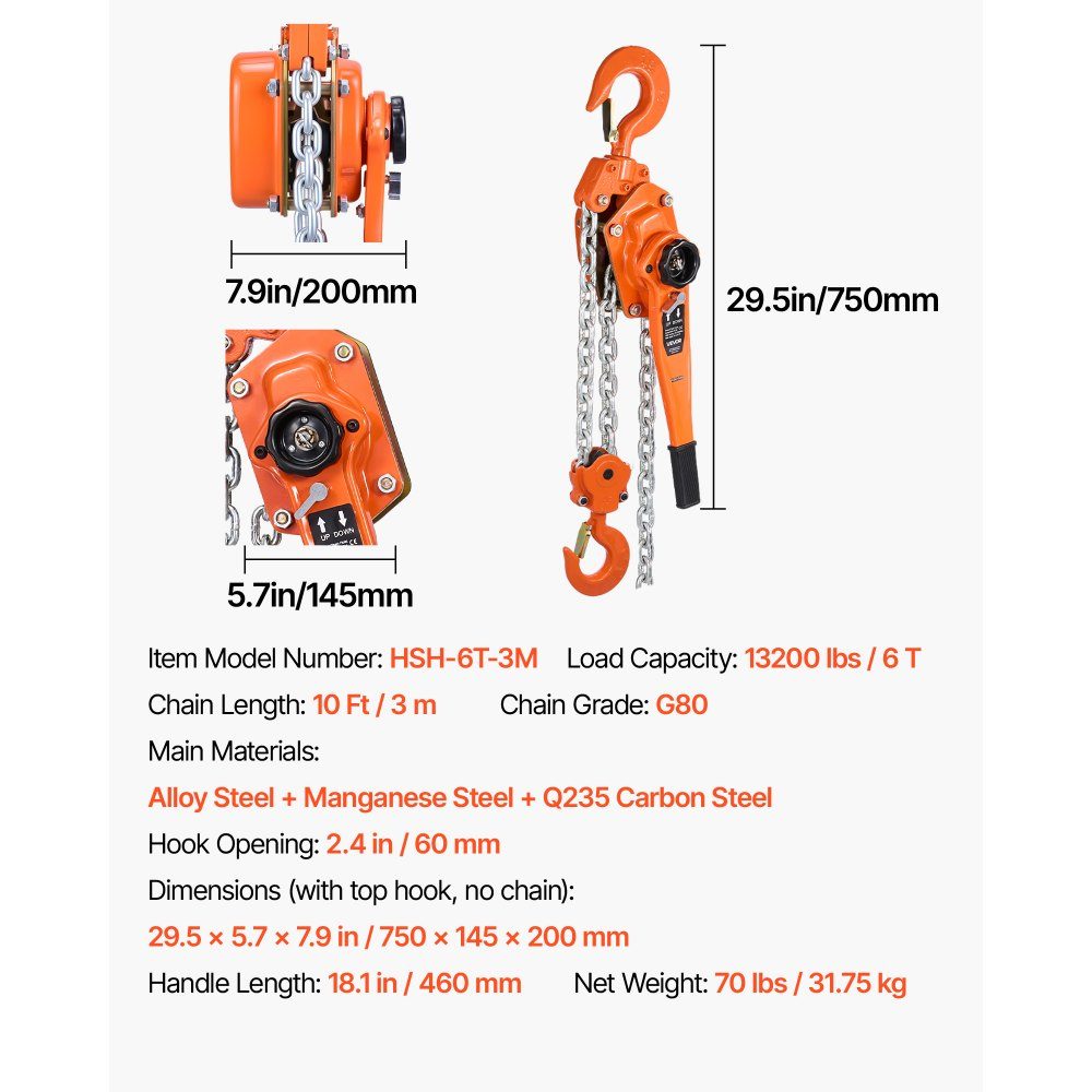 Lever Hoist, 6 Ton Capacity Hand Chain Hoist, 3m Hoist Hoist, G80 Alloy Steel Chain with Double Pawl Mechanical Brake, Ratchet Hoist, 360° Swivel Hooks for Warehouse Construction, Garage