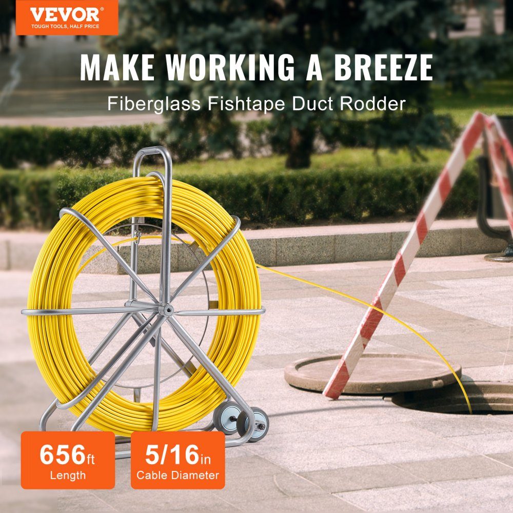 Retractable Tape 200m 5/16" Pipe Puller Retractable Tape Wire Puller Cable Management Rod with Steel Reel Stand 3 Pull Heads Fishing Tool for Walls and Electrical Wires Non-Conductive