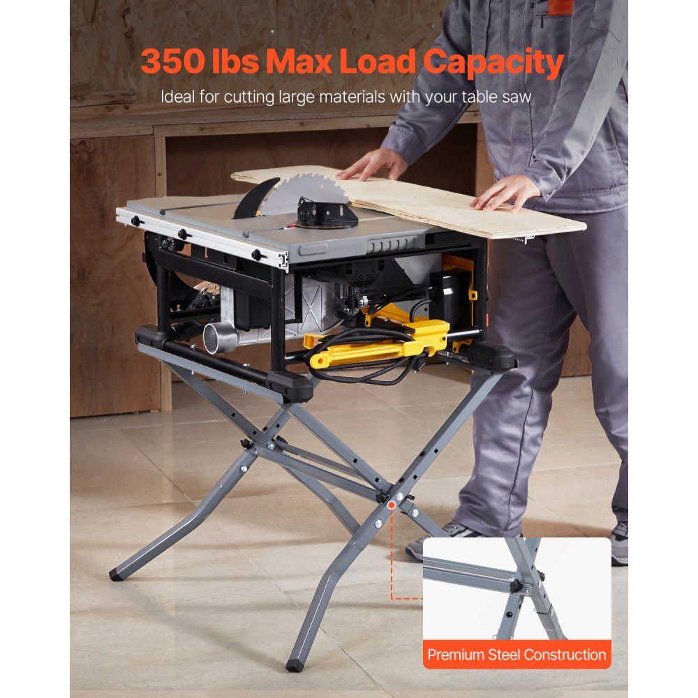 Table saw stand, 158.76 kg load capacity, base frame 610x490x580 mm, robust construction, easy storage, foldable design, universal for most brands of table saws