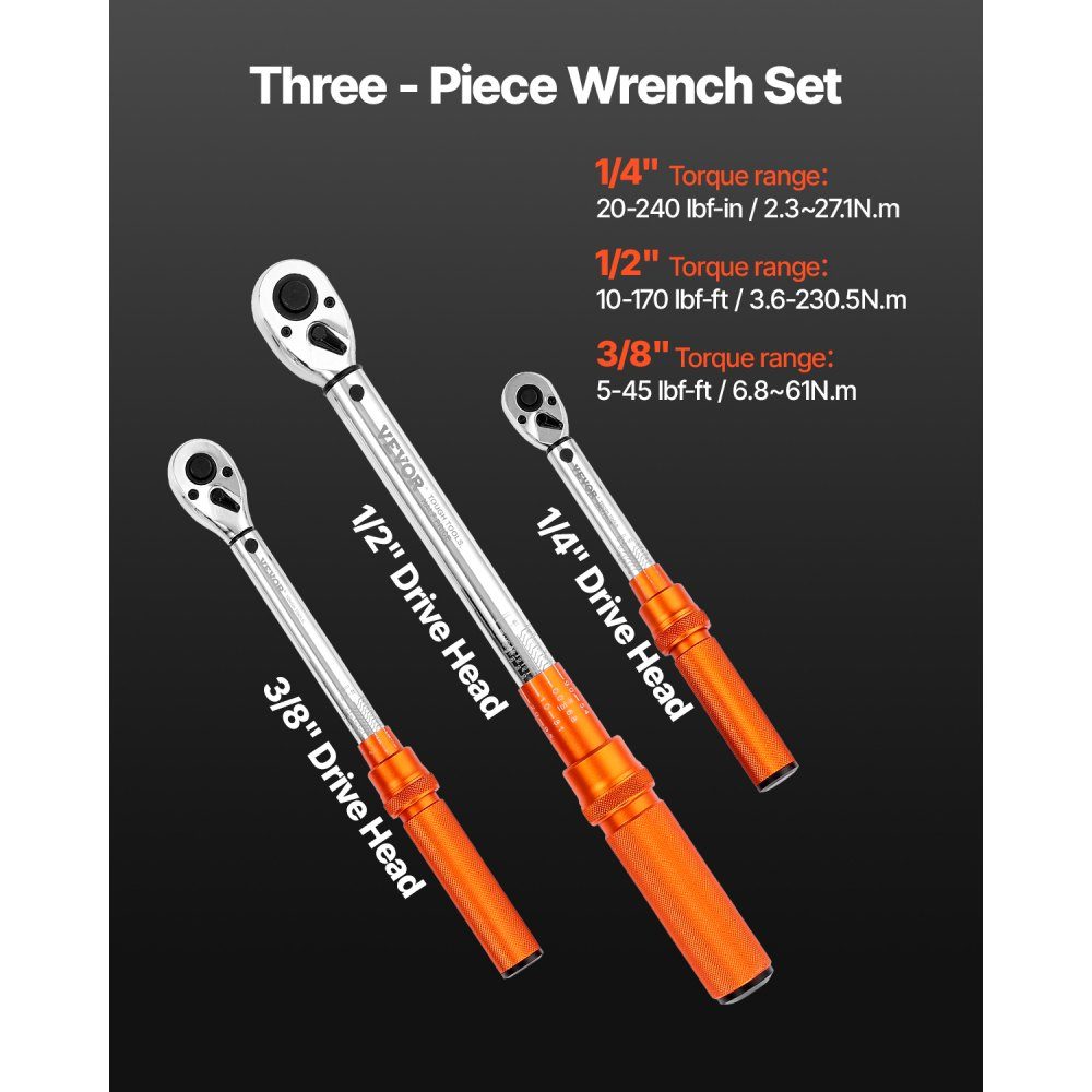 Click Torque Wrench (3pcs), 1/4 3/8 1/2" Drive, Two Way Torque Wrench Set with Dual Range Scales, 72 Teeth ±3% High Precision Alloy Steel for Auto Repair