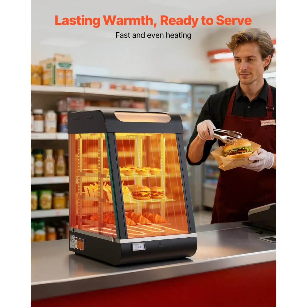 Comptoir chauffant à 3 niveaux 57 L, vitrine chauffante 800 W, comptoir chauffant 30-85 °C, chauffe-plats avec éclairage LED et étagères réglables, vitrine alimentaire pour hamburger pizza pain poulet frit