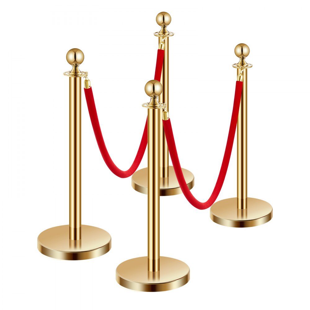 Afzetpalen (4 stuks) voor crowd control met 2 rood fluwelen touwen (1,5 m lang), RVS slagboomstandaard met hervulbare voet voor tentoonstellingen Golden
