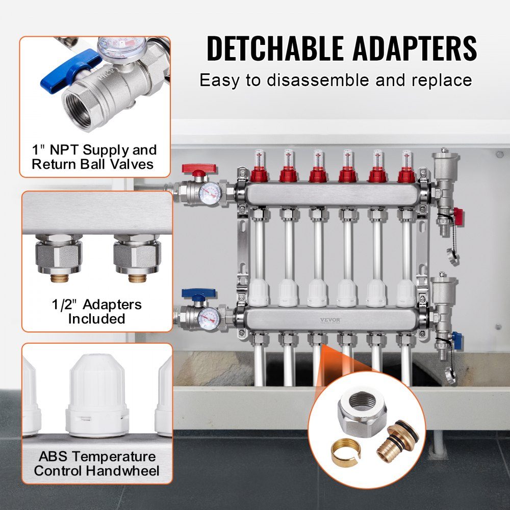 Wärmeverteiler mit 6 Zweigen, 1/2-Zoll-PEX-Rohrverteiler, PEX-Verteiler aus Edelstahl für hydronische Fußbodenheizung, Wärmeverteilungs-PEX-Verteiler-Kit mit 1/2-Zoll-Adaptern im Lieferumfang enthalten