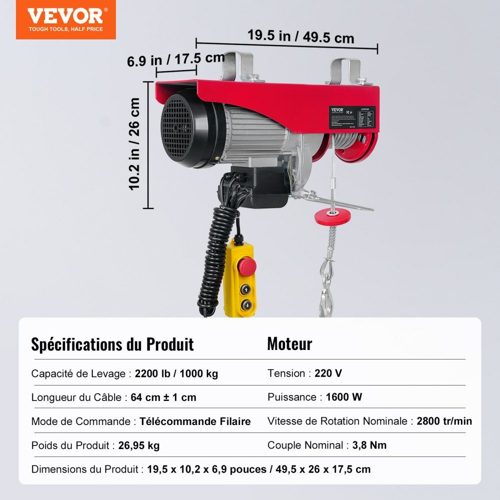 230V elektrische lier, 500kg tot 1000kg hefhoogte, 12m kabel motorlier, 1600W motorrol, 10m/min hefsnelheid, takel met bedrade afstandsbediening, kabeltakel, kettingtakel