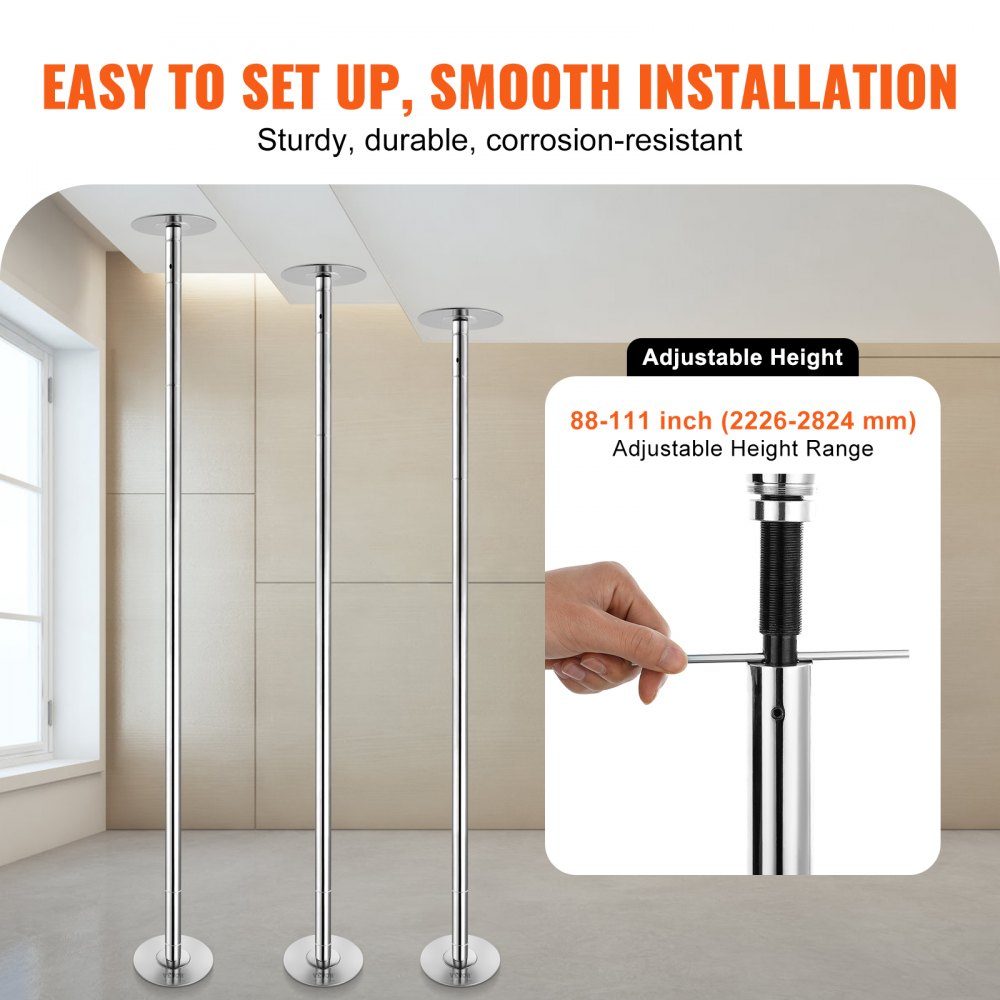 Professional Dance Pole, Pole Dance Portable Dance Pole Professional Approx. 88"-112" Height Adjustable Removable Fitness Pole Spinning Fitness Silver, Dance Pole Gyms, Clubs, Parties