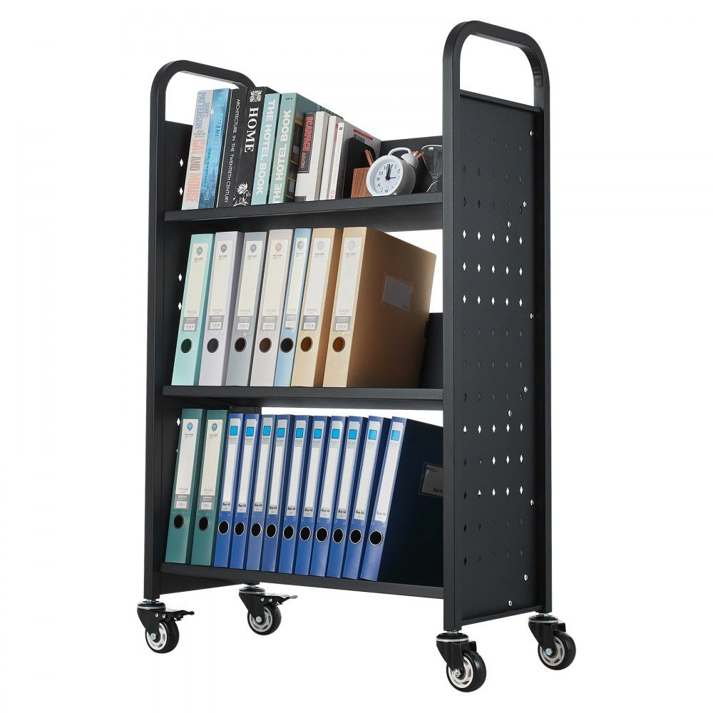 Book Trolley 150kg Load Capacity Library Trolley 77 x 38 x 122cm Single Sided V Shaped Bookshelf with Double Brake Wheels Bookshelf Trolley for Living Room Office School Black