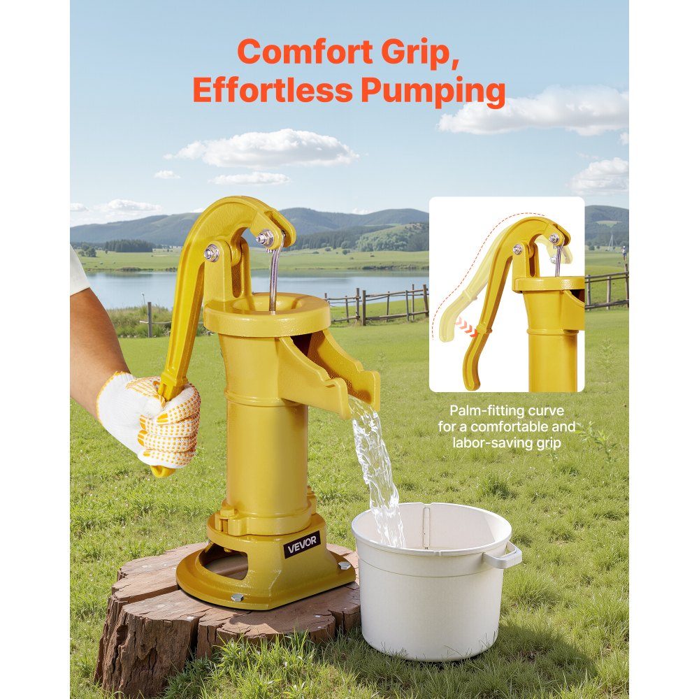 Antike Vintage Stielpumpe, 7,6 m Förderhöhe, nostalgische Gusseisenpumpe, Springbrunnenpumpe, Handpumpe, NPT 1-1/4 Zoll Anschluss, Gartenpumpe, für Garten, Teich, Hof, Bauernhof, Gelb